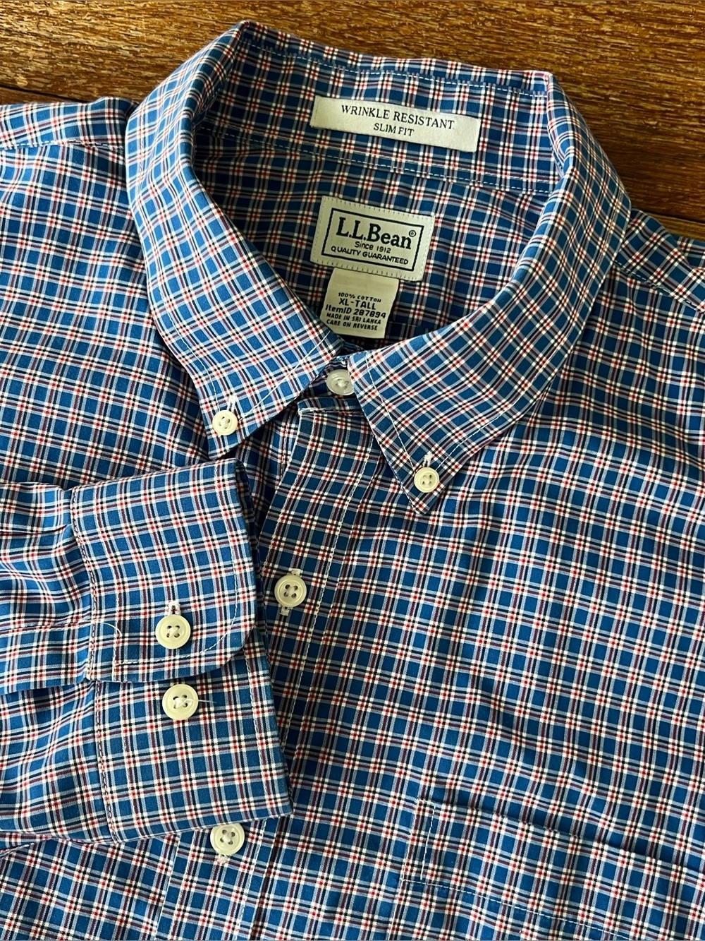 L.L. Bean Wrinkle Resistant Slim Fit Button Down Shirt XL Tall Blue Plaid Cotton